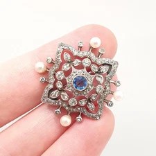 Antique Victorian Solid Silver Sapphire Paste Brooch Cultured Pearl Diamond