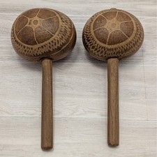 Hand Carved Wooden Gourd Maracas Musical Instrument Pair Ethnic Artisan Craft