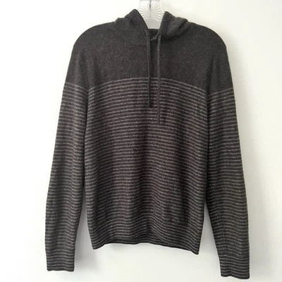Vince 100% Cashmere Gray Stripe Elbow Patch Knit Sweater Hoodie Large