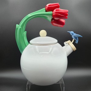 ANCONA Kettle Hummingbird Tulips Teapot White Enamel Metal Red Blue Green 11x9