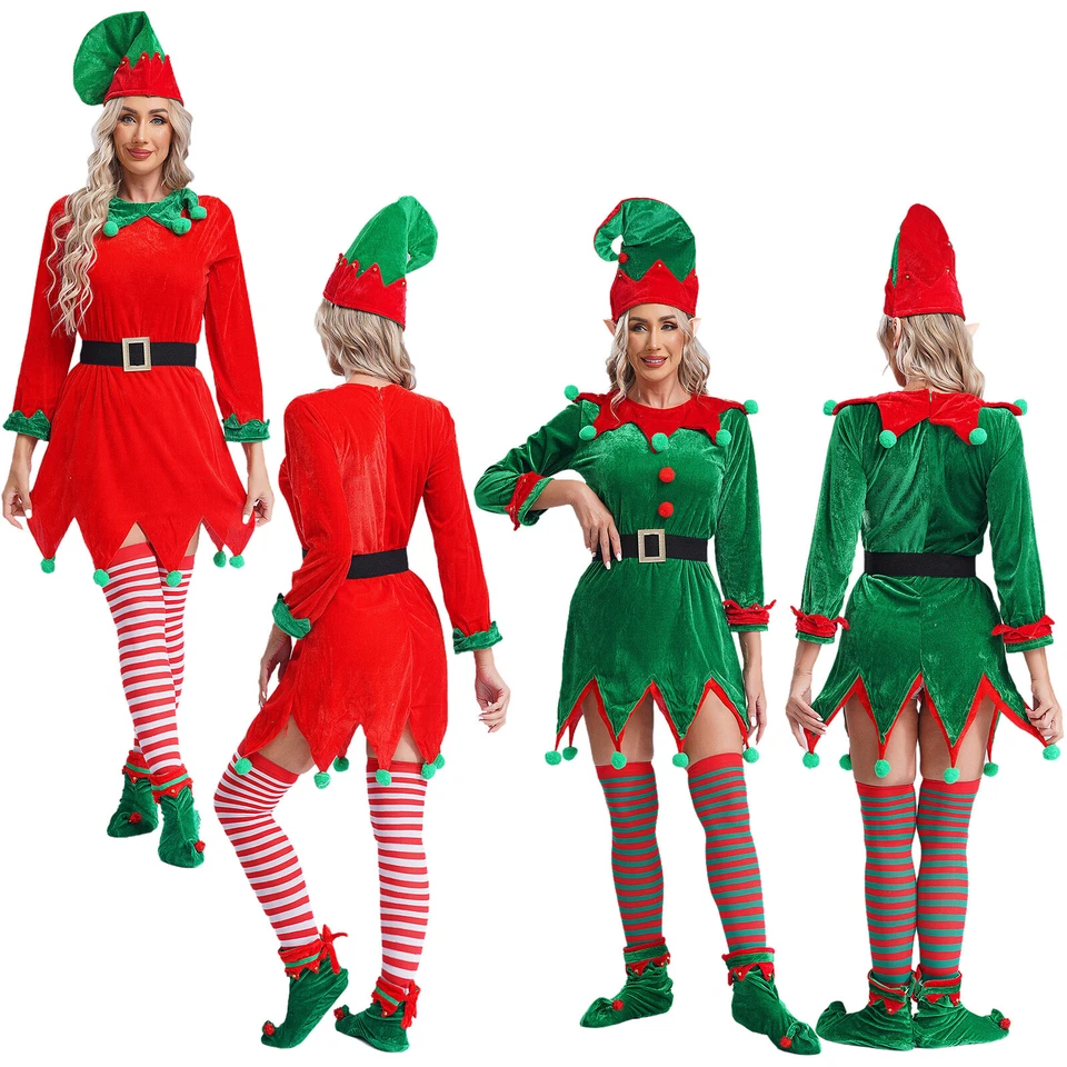 Women Costume Elf Role Play Outfits Christmas Elf Ears Bells Dress Cosplay Party - Image 3 of 4