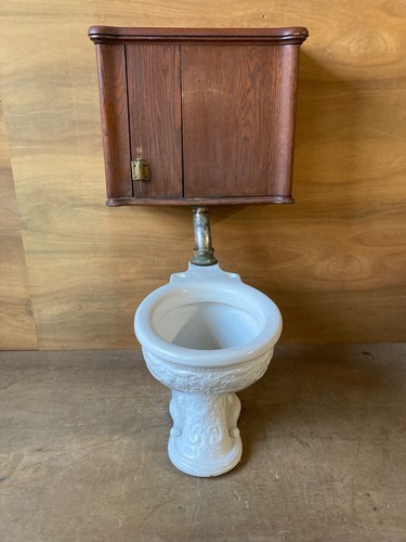 Antique White Victorian Porcelain Ornate Embossed Toilet Bowl Oak Tank 451-21E - Picture 2 of 12