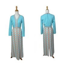 Vtg 70s Verona Knits Polyester Hostess Dress Sz S/M Bright Pastel Argyle Hippie