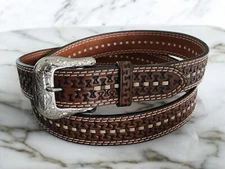 Western Cowboy Ranger Tooled Brown Leather Belt Double Stitch Serpentine Size 50