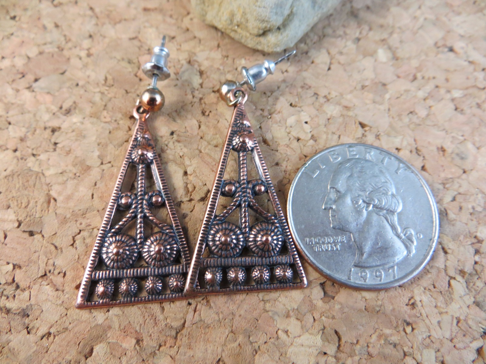 Vintage Copper Studded Triangular Dangle Post Ear… - image 5