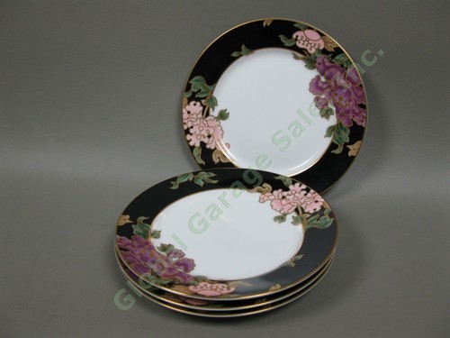 4 Fitz & Floyd Cloisonne Peony Black 6.5" Bread/Butter Plates Set Lot Gold Trim