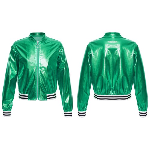 Kids Girls Metallic Bomber Jacket Coat Jazz Hip Hop Street Dance Outerwear - Picture 85 of 93