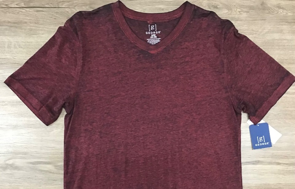 Men's Short Sleeve V-Neck Burnout Washed Tee T-Shirt George Maroon S ...