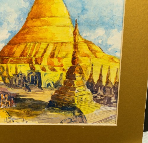 Vintage Watercolor, Shwedagen Pagoda Myanmar , Signed Illegibly, Elaborate Frame - Picture 6 of 14