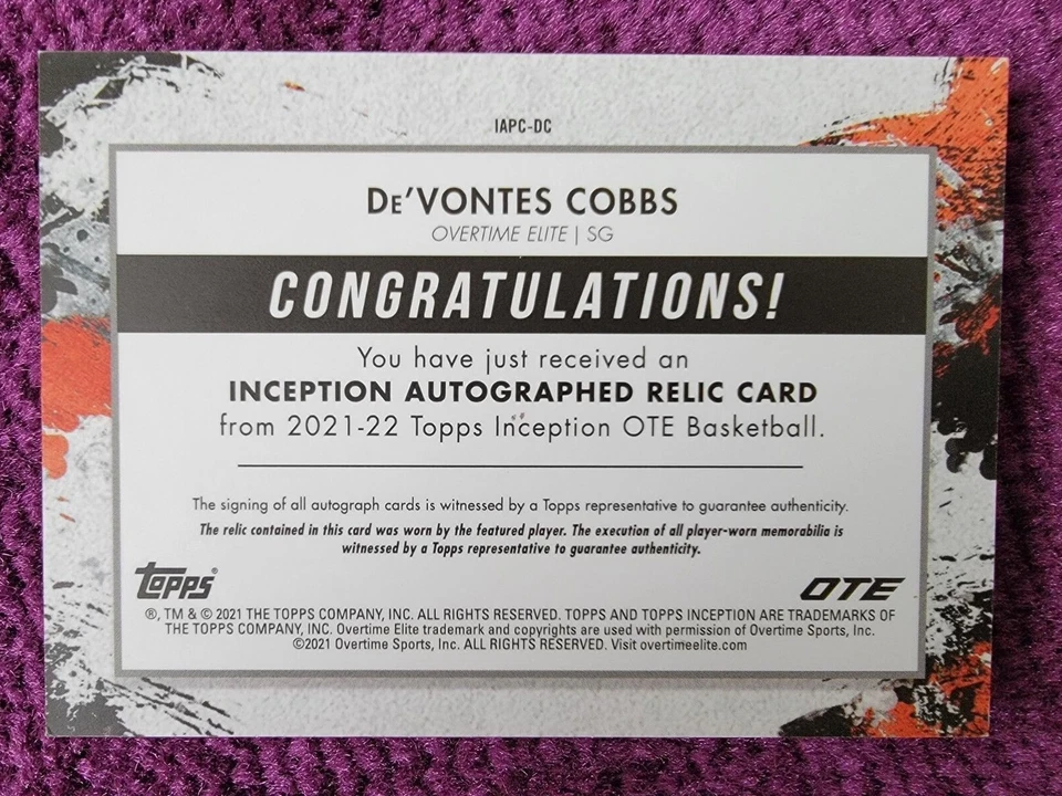 2021 Topps Inception OTE Basketball De'Vontes Cobbs Patch Auto #IAPC-DC - Image 2 of 2