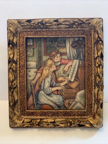ARTINI ENGRAVING RARE SCULPTURED FRAMED ART Piano Lesson Signed 14.5” Vintage