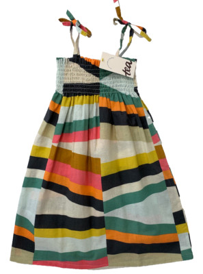 NWT Tea Collection Girls 2 2T Tie Shoulder Smocked Chevron Linen Blend Dress