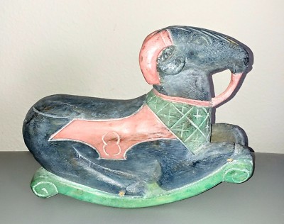 wooden Rocking Goat Ram toy Hand Carved painted approx 7.5