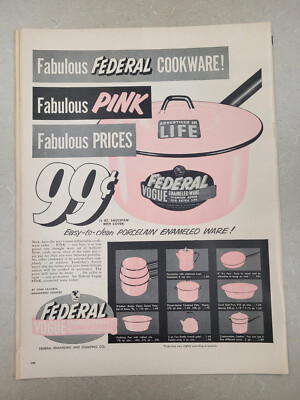 1955 VTG Orig Magazine Ad Federal Cookware Dishes Fabulous Pink Porcelain Enamel