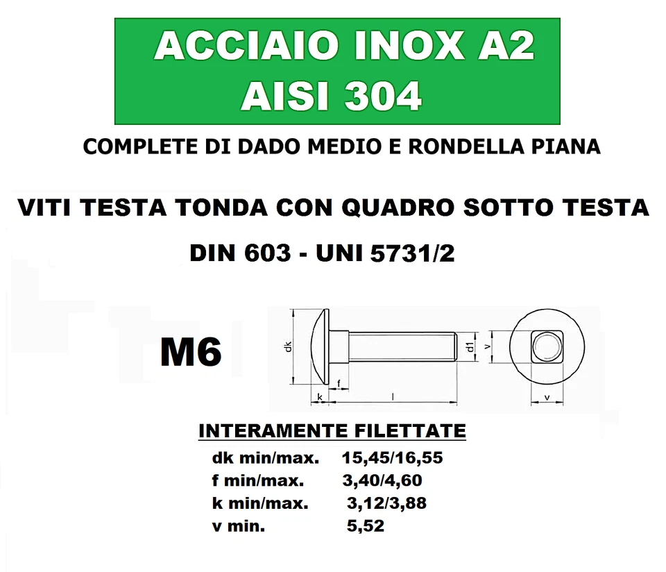 VITI M6 PERNI BULLONI IN ACCIAIO INOX TESTA TONDA QUADRO SOTTO TESTA 5732 DIN603 - Immagine 2 di 4