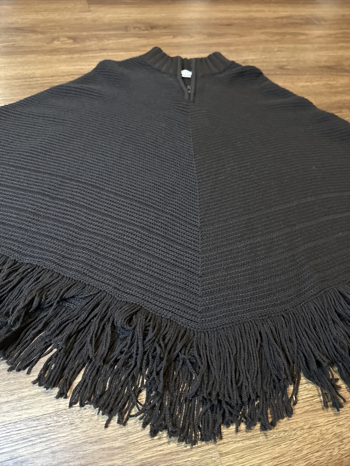Pendleton Solid Black Fringed Ribbed Knit Poncho … - image 2