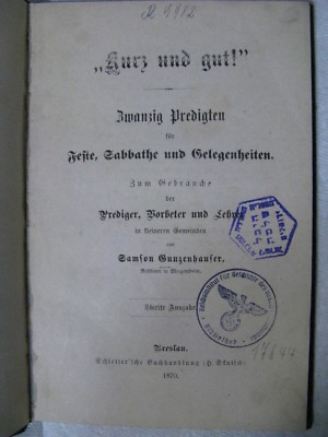 1870 Kurz Und Gut Zwanzig Predigten Twenty Sermons Samson Gunzenhauser Breslau