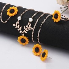 Sunflower Pendant Bracelet Necklace -Imitation Pearl Stud Earrings Ring 5PCS Set