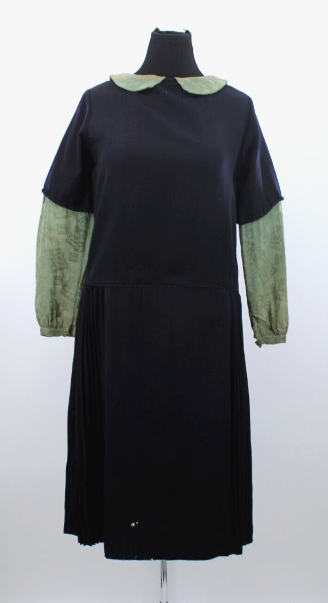 VTG Women's 20s Green Black Drop Waist Dress 1920s Sz L/XL Peter Pan  Collar