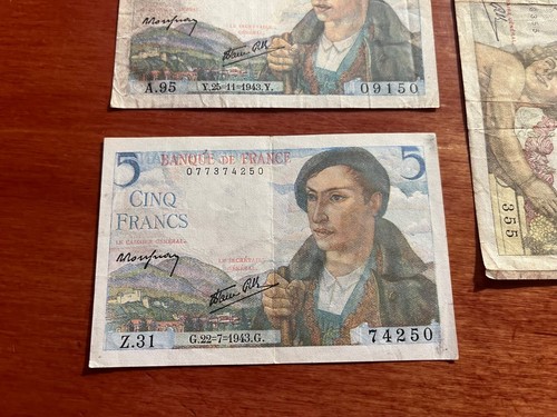 France Currency: 1939 100 Francs, 1943 (3) 5 Francs WWII - Picture 3 of 7