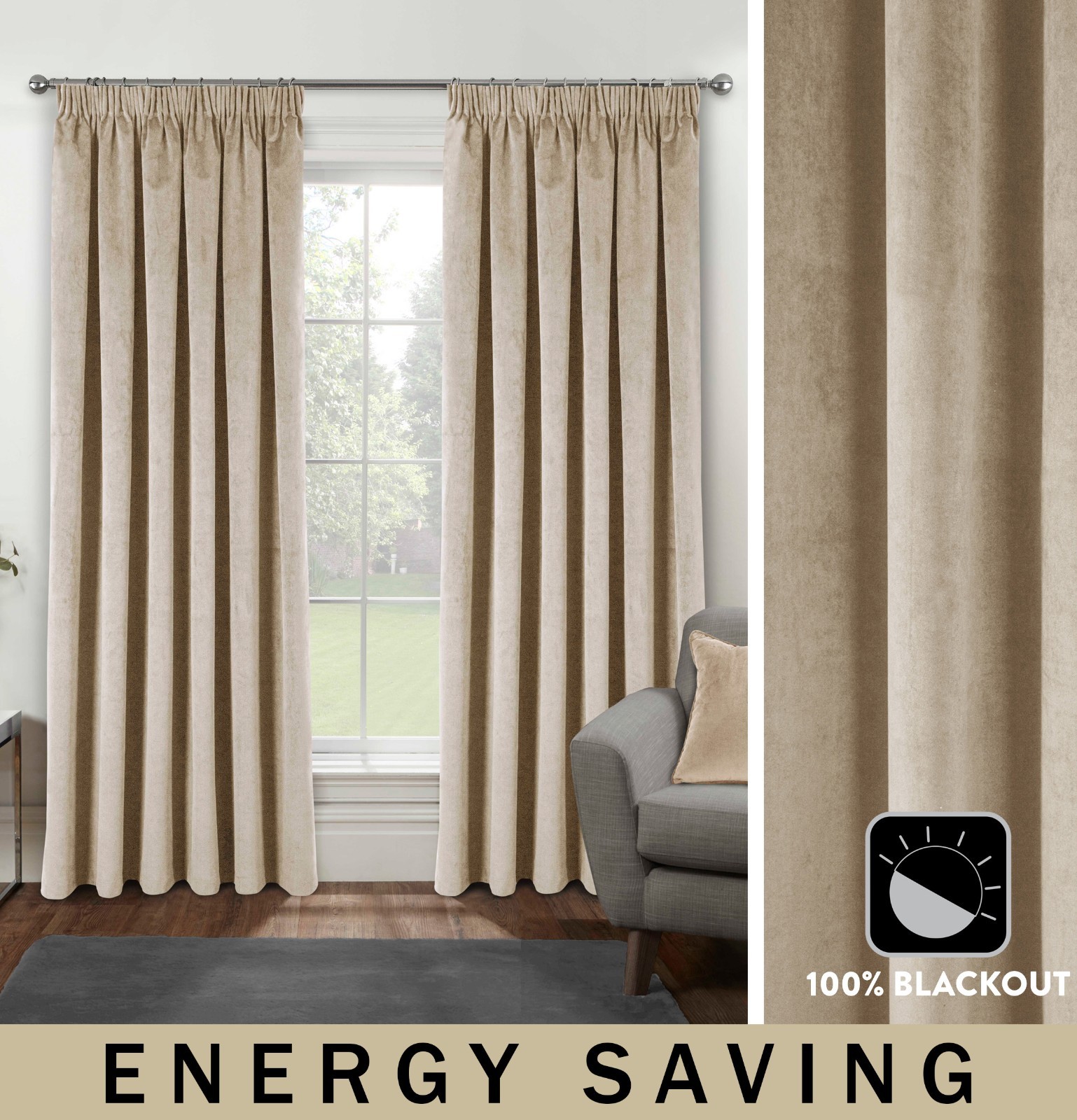 Cream Velvet 100% Blackout Pair of Curtains Tape Top - 66 x 54 inch (168x137cm) - Image 2