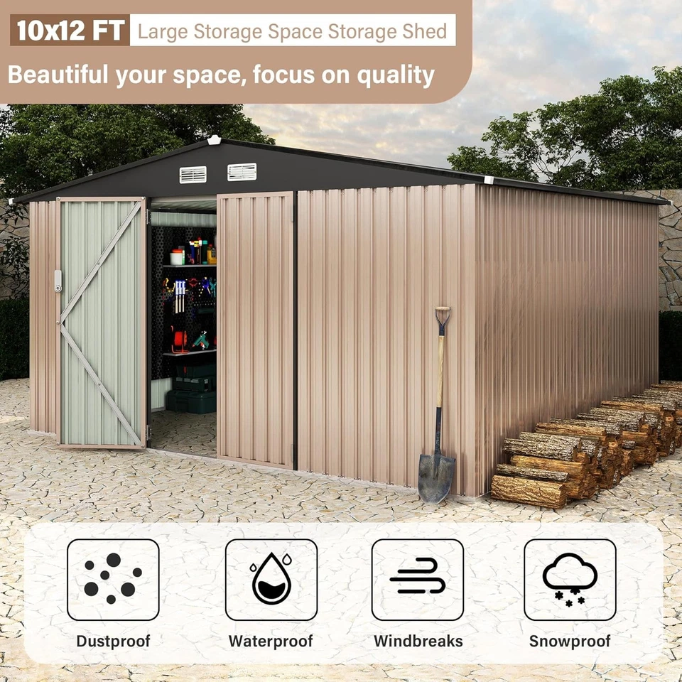 Cobertizo de almacenamiento exterior de 10x12 pies, cobertizo de jardín de metal con puertas bloqueables, ventilación de aire Foto 3 de 4