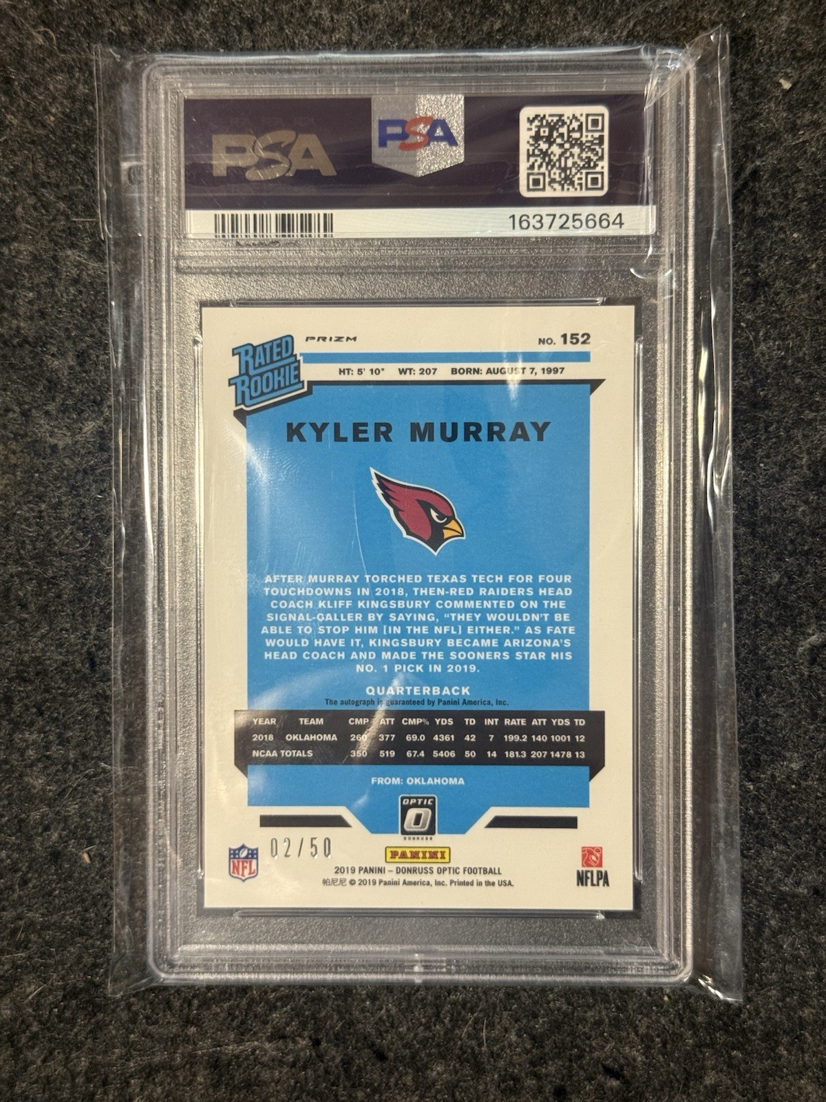 2019 Panini Donruss Optic Kyler Murray Rated Rookie Auto Red Prizm /50 PSA 8 view 2