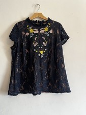 Lovedrobe Navy Lace Embroidered Top UK 22 Nude Lined Floral High Neck
