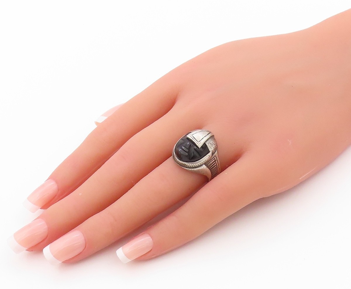 925 Sterling Silver Vintage Ring Black Onyx Face Aztec Warrior Sz