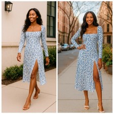 Reformation Sigmund Milonesa Blue White Floral Long Sleeve Slit Midi Dress Sz 24