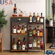 3-Tier Wine Rack Freestanding Bar Table W/ Hidden Drawer Compact Liquor Storage