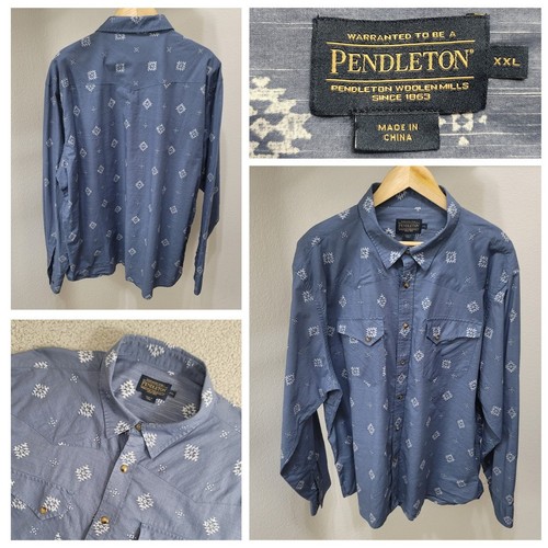 Pendleton Laramie Long Sleeve Pearl Snap Shirt Men's XXL Blue Southwestern - Picture 1 of 19