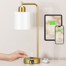 Gold Lamp for Bedroom - Industrial Bedside Table Lamp with USB Port and Outle...