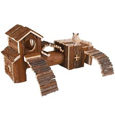 Natural Wooden Hamster Tunnel Playground Small Animal Multi-Room Hideout Hous...