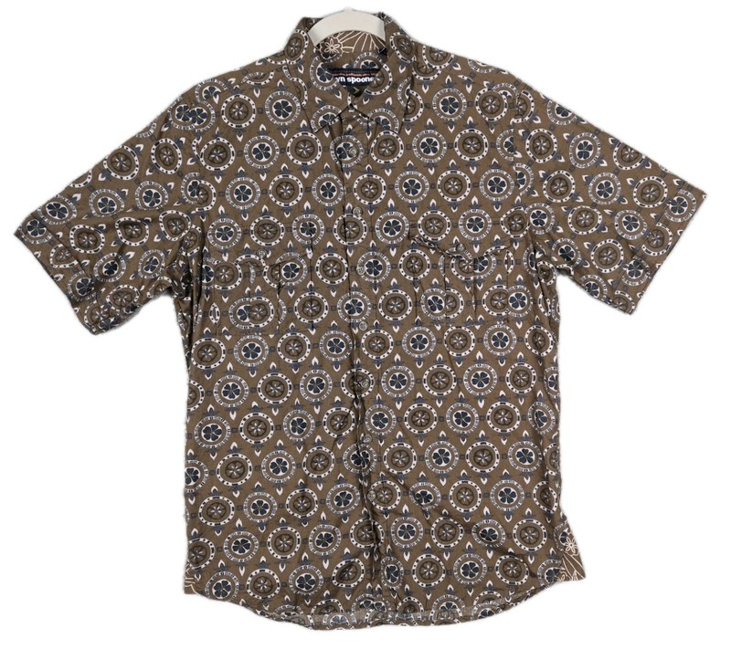 Reyn Spooner Hawaiian Shirt Brown w/Geometric Medallion Print Men's Size Small
