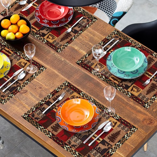 Lodge Placemats Set of 4 18" x 12", Rustic Oriental Bear Deer Fish Print Tabl... - Picture 7 of 8