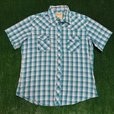 Wrangler Western Shirt Mens XL Teal Plaid Pearl Snap Short Sleeve