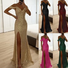 Women Ladies Prom Dress Off Shoulder Long Formal Sequin Evening Party Maxi Dress