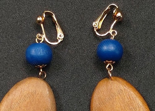 CON CUENTAS DE MADERA AZUL DE 5" de largo hechas a mano ENORMES PENDIENTES DE MADERA OREJAS NO PERFORADAS - Imagen 7 de 8