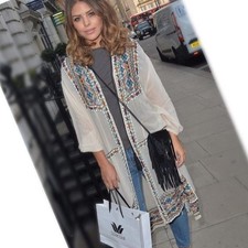 Towie Zara Embroidered Embellished Sheer Long Jacket Kaftan Tassels Tie One Size