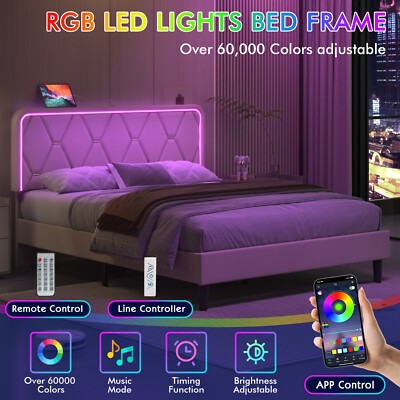 LED Light Queen Full Twin Bed Frame with USB Ports Size Headboard Platform Bed