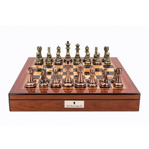 DAL ROSSI ITALY CHESS SET COPPER & BRONZE SHINY WALNUT FINISH BOX 50 CM