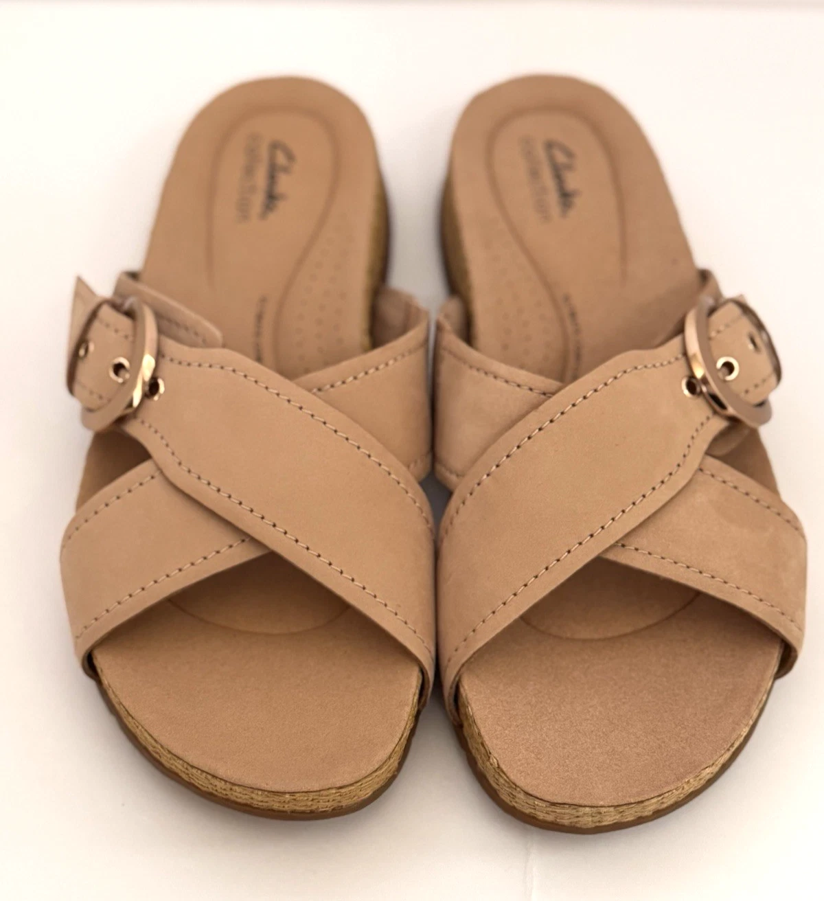 CLARKS Collection 10W sandali slide in pelle Reileigh May pelle beige nuovi senza scatola