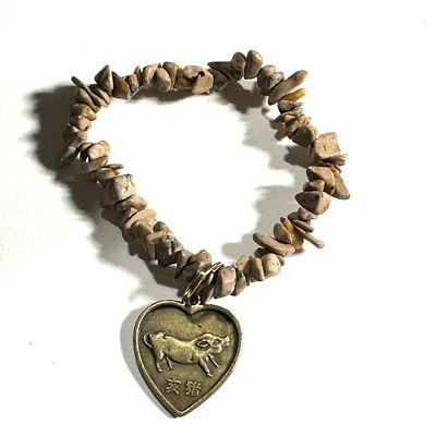 Chinese Horoscope Pig Sign Charm Stretch Bracelet Natural Taupe