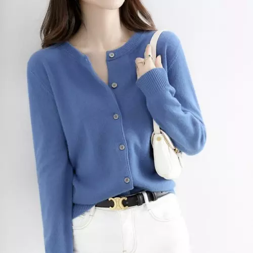 Cárdigan suéter simple de mezcla de cachemir para mujer color liso cuello redondo chaqueta abrigo - Imagen 26 de 37