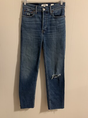 ReDone Womens Button Fly Distressed Straight Leg Jeans Blue Size 26 Raw Hem