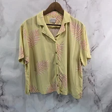 Brixton Shirt Womens Large Yellow Pink Button Short Camp Boxy Jungle Palm Leaf