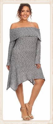 PLUS OFF SHOULDER LONG SLEEVE GRAY BLUE ASYMMETRICAL SWEATER DRESS 1X 2X 3X 