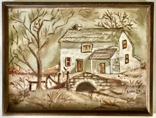 ENGLAND Signed LESLIE COLE Oil Painting Art Farmhouse Mid Century Vintage Retro