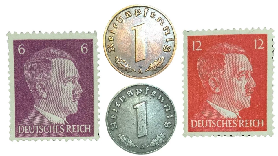 Conjunto de monedas y estampillas de Alemania de la Segunda Guerra Mundial - artefactos históricos auténticos Foto 2 de 2